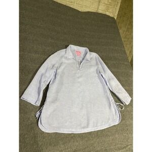 Isaac Mizrahi Women's 100% Linen Tunic Top V-Neck Collared Light Blue Size Med